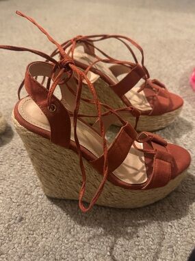 Womens Rust Lace-Up Espadrille Wedge Sandals
